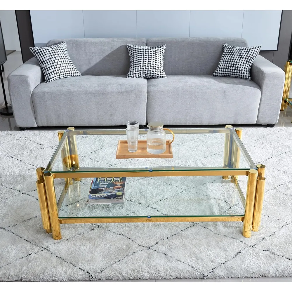 

47 Modern Stainless Steel Coffee Table, Double-Layer Clear Tempered Glass Coffee Table, Center Table with Storage, for Living