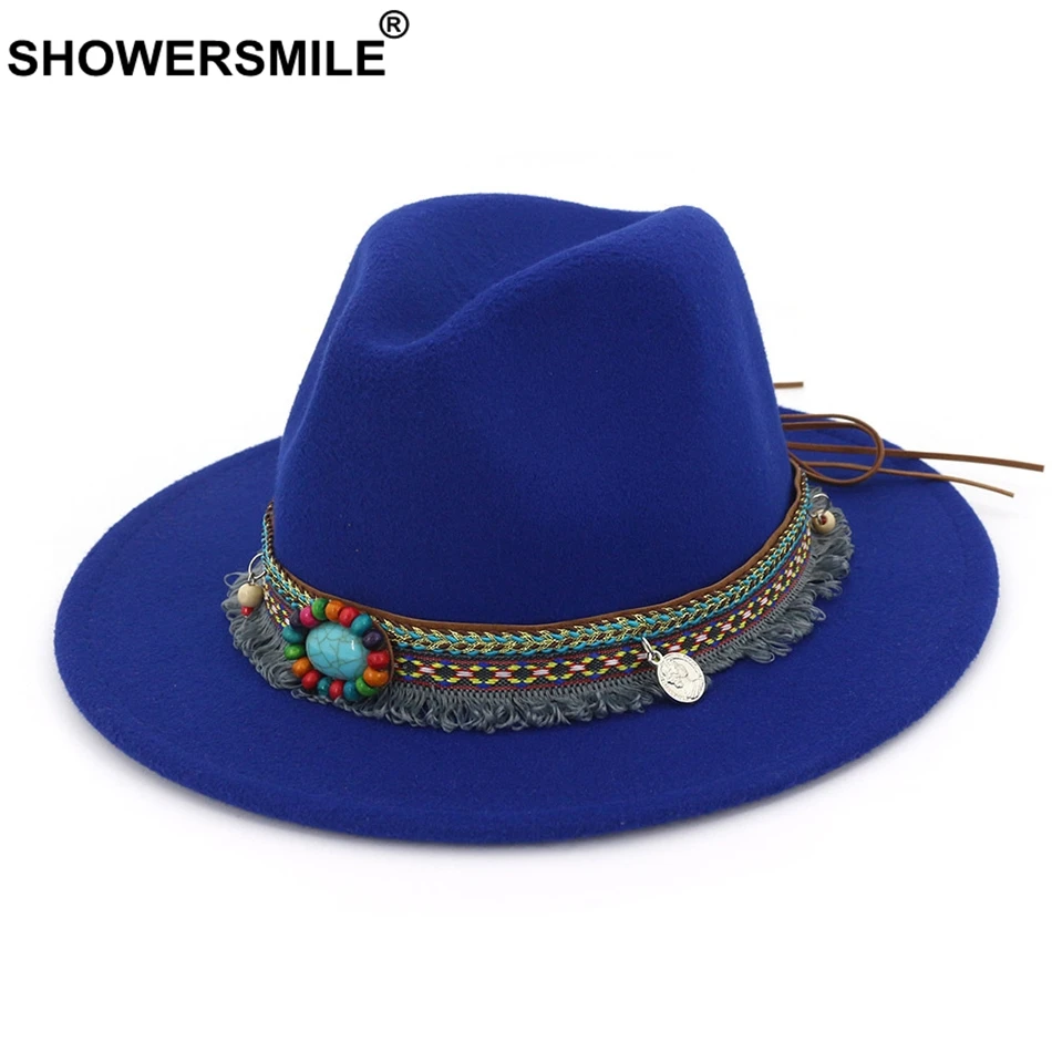 SHOWERSMILE różowy Fedora damskie Vintage filcowy kapelusz kobiety na co dzień etniczny styl duży rondo Tweed jesienno-zimowy czapka jazzowa czerwony czarny 2024