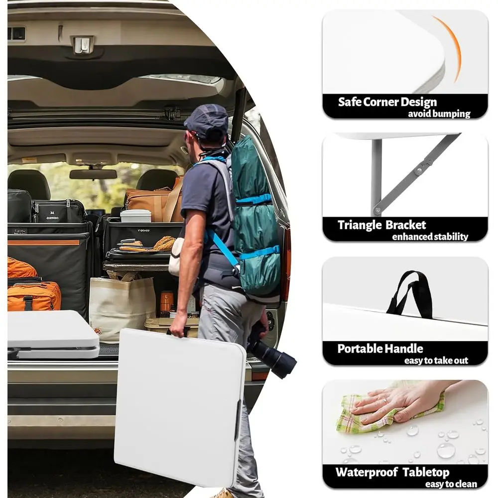 Compact 4ft Folding Table, White Plastic Outdoor/Indoor Dining, Portable Utility Table for Camping, Picnics, Parties