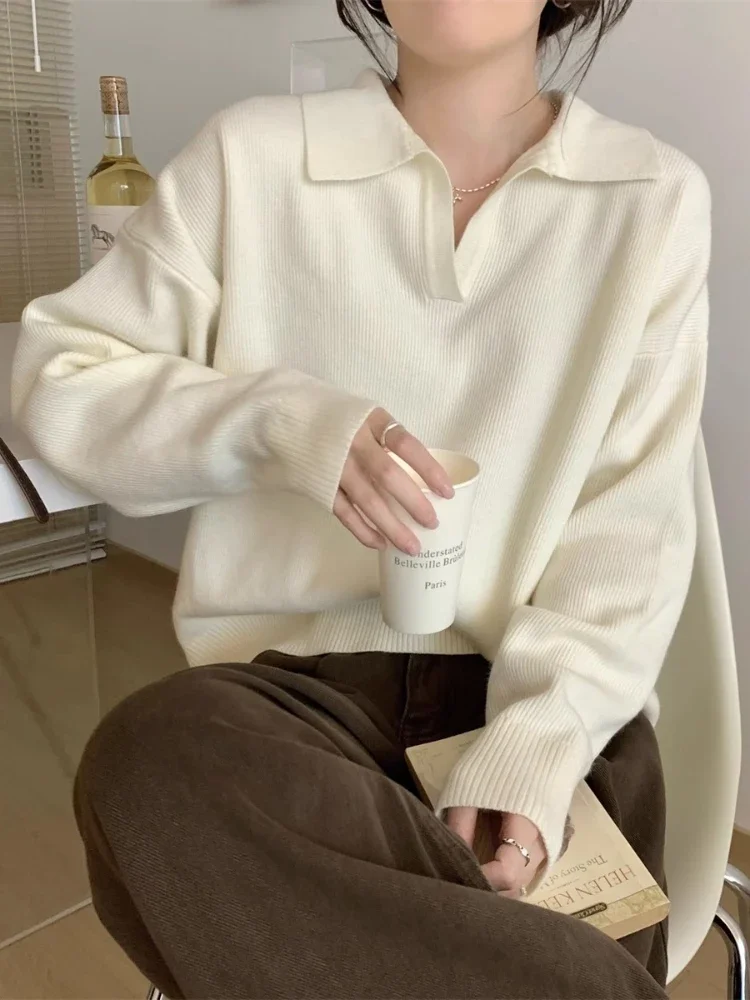 

Zjaiss Autumn Winter 2025 Turn-down Collar Women's Pullover Loose Women Sweater Casual Long Sleeve Knitted Tops