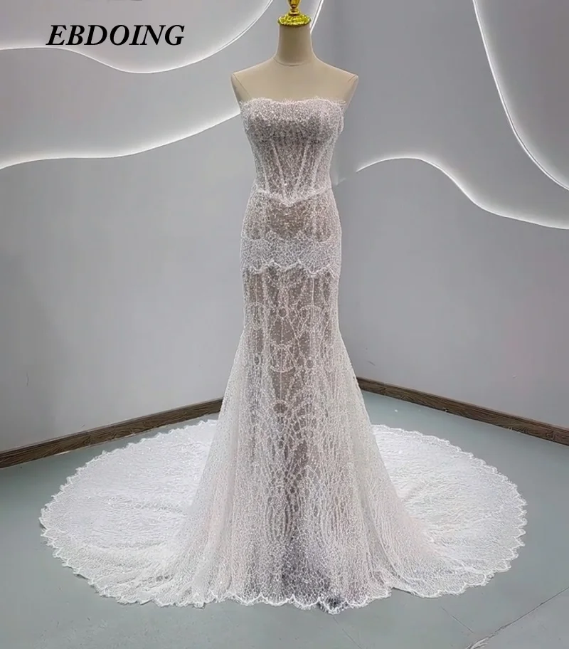 

EBDOING Sparkle Wedding Dresses Mermaid Lace Beading Boat Neck Neckline Sleeveless Customized Bride Gowns Vestidos De Novias