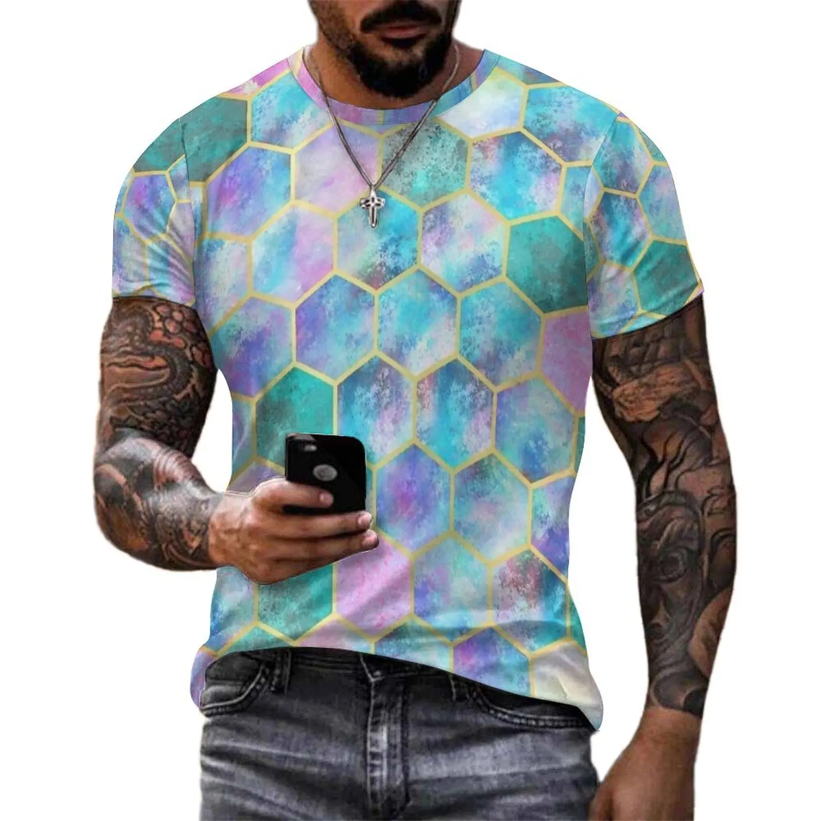 Pastel Watercolor Hexagon Pattern T-Shirt Popular T Shirts Man Casual Tee Shirt Summer Short Sleeve Graphic Top Tees Big Size