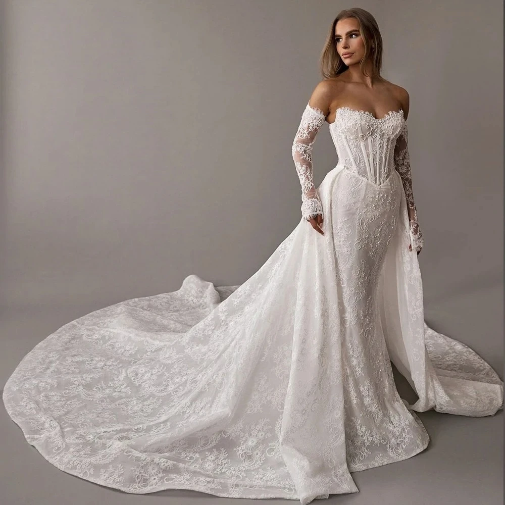 Customize Exquisite Sweetheart Made Beauty Lace Fitted Beaded 2 In 1 Mermaid Wedding Gowns Trumpet Removable Train Bridal Gowns