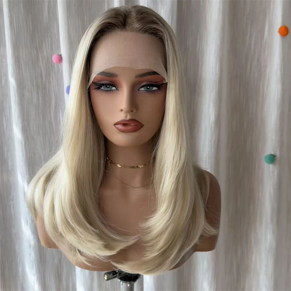13x4 Middle Part Ombre Creamy Blonde Synthetic HD Lace Front Wig Mixed Human Hair Heat Resistant Fiber Wig Preplucked Hairline