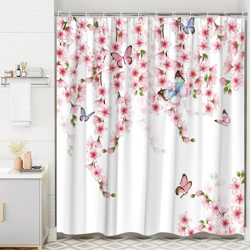 Japanese Shower Curtain, Traditional Ink Painting Cherry Blossom Mountain Butterfly Bird Cat Red Sun Boat Bathroom Decoration