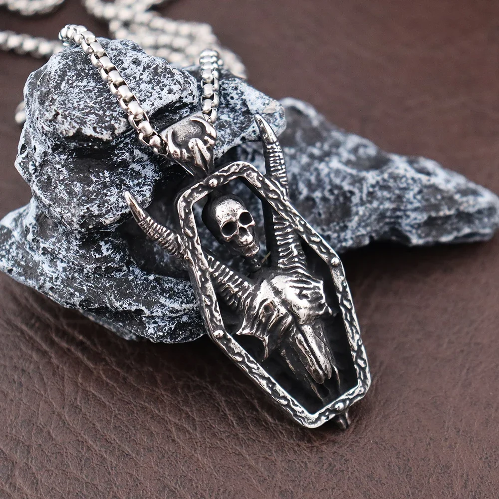 

Vintage Thriller Skull Necklace for Man Gothic Stainless Steel Satan Goat Pendant Lucifer Pagan Amulet Unique Halloween Jewelry