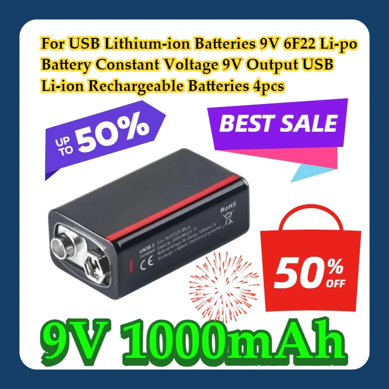 For 9V 1000mAh USB Lithium-ion Batteries 9V 6F22 Li-po Battery Constant Voltage 9V Output USB Li-ion Rechargeable Batteries 4pcs