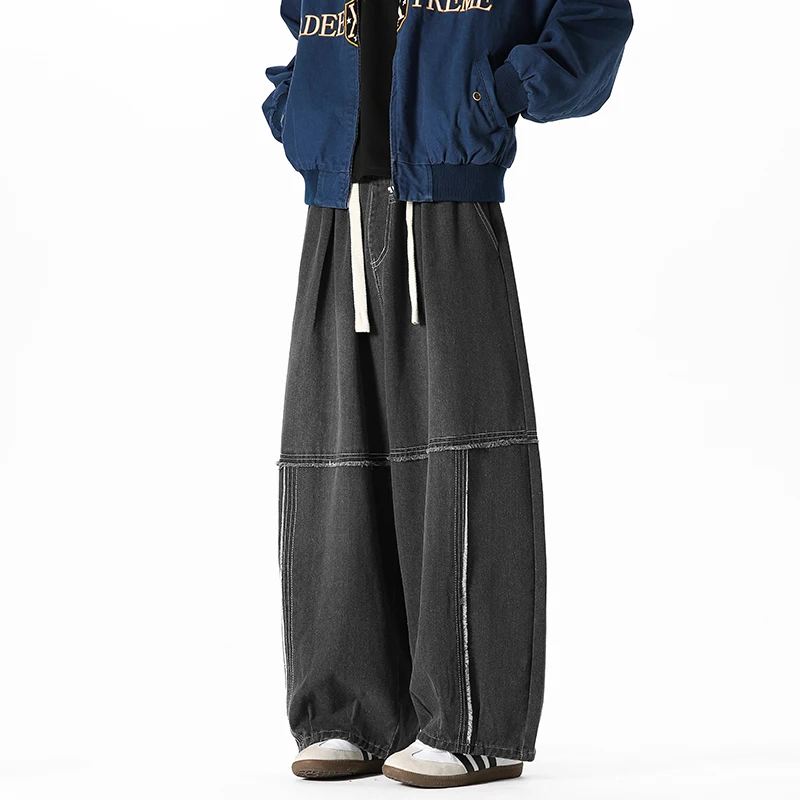 

Men's Autumn Japanese Style Lantern Jeans Elastic Waist Loose Fit Harlem Pants Wide Leg & Elastic Cuff for Casual Streetwear 3XL