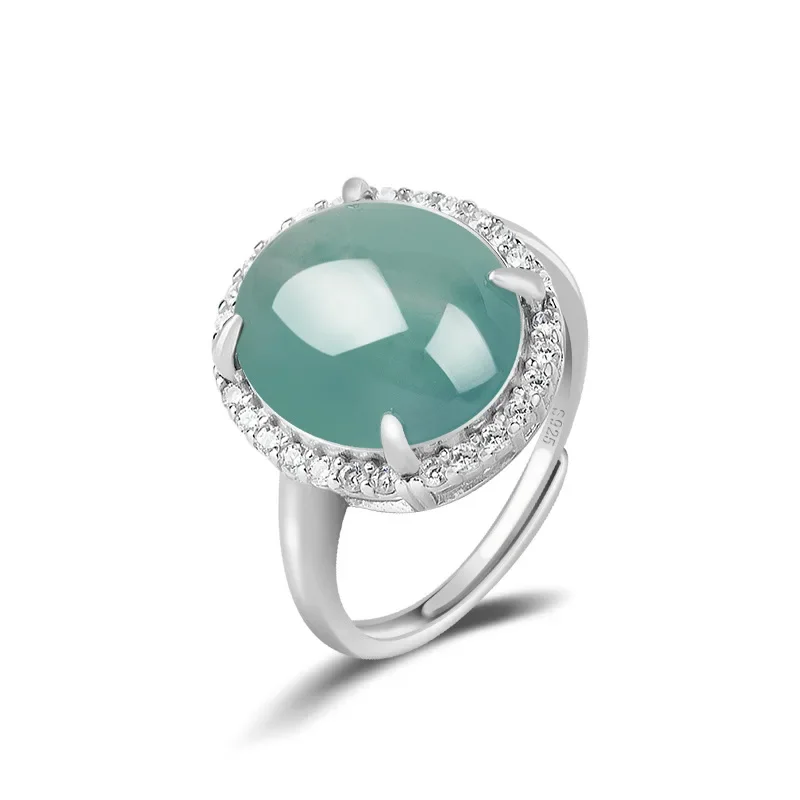 

Natural A-grade jade blue water egg face ring ice jadeite fashion ring s925 silver set women's jewelry adjustable drop shipping