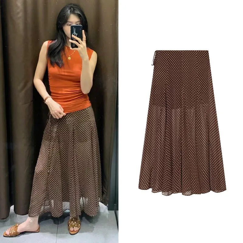 Women's Polka Dot Midi Skirt New 2026 Summer Side Zipper A-Line Hem Women Skirts with Bead Detailing Elegant Chic Female Skirts