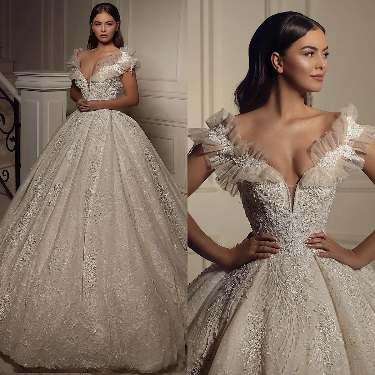 

Charming Ball Gown Wedding Dresses V-Neck Sequins Beads Appliques Lace Bridal Pleat Sweep Train Customized Robe De Mariée