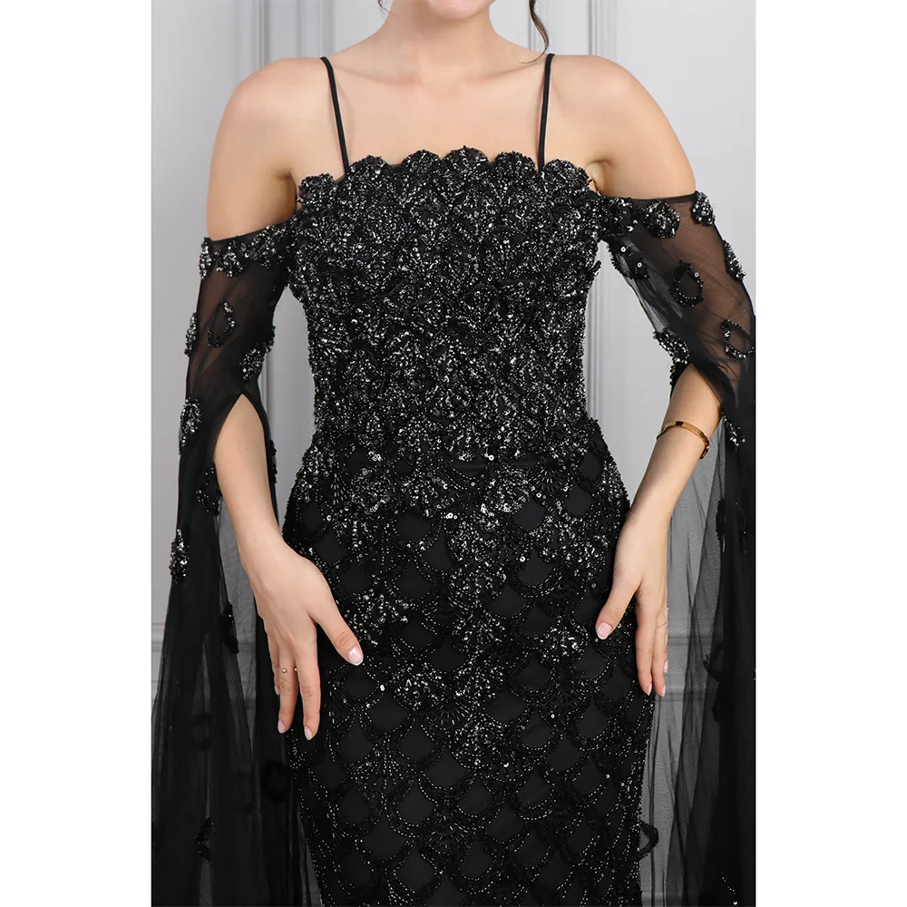 Luxo preto vestidos de noite mangas compridas grânulo cristal sereia vestidos de noite até o chão vestidos de baile personalizado 2025