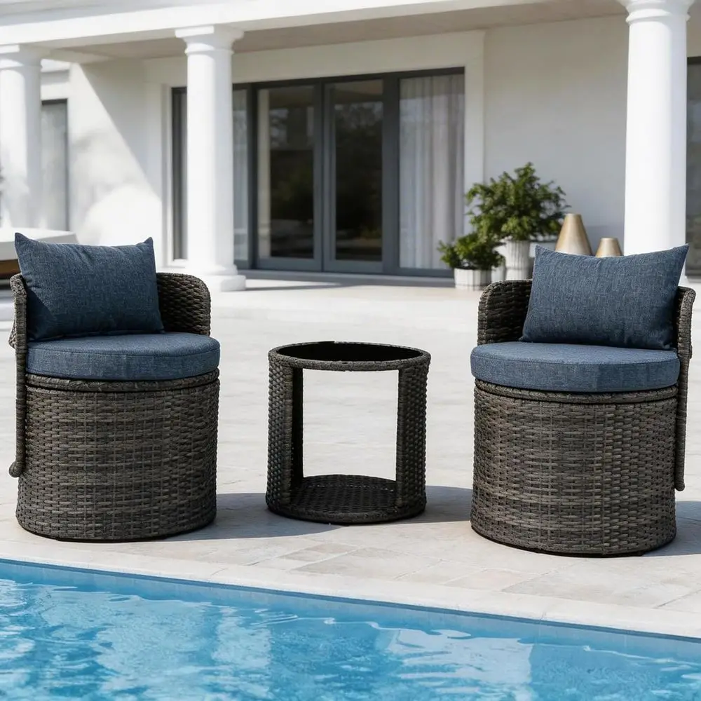 

Blue 3-Piece Outdoor Patio Bistro Set with Storage, Wicker Chairs and Glass Table for Balcony, Porch, or Backyard