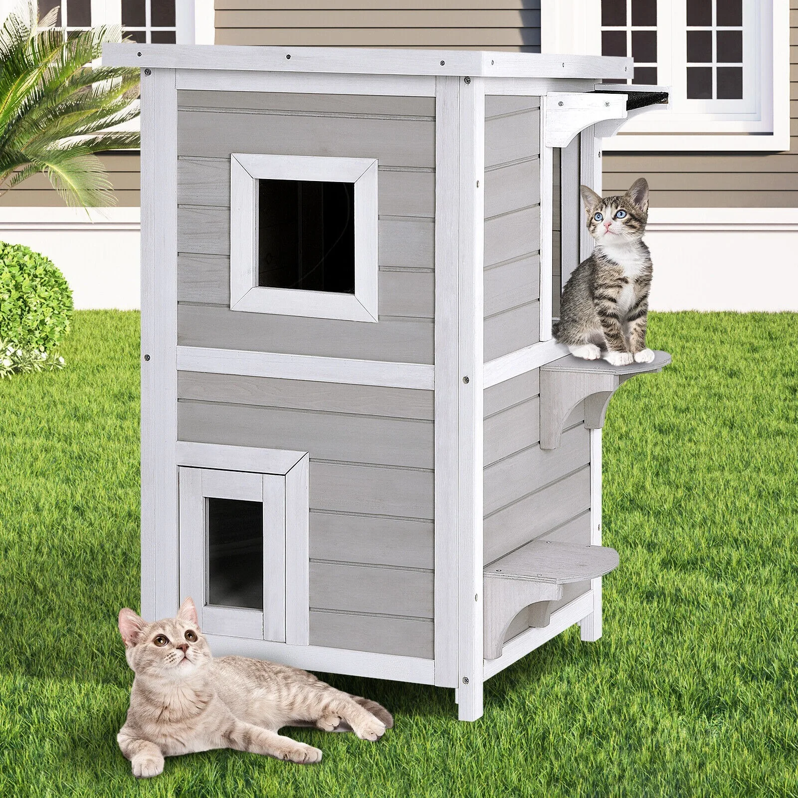 2-Tier Wooden Cat House Outdoor Kitty Shelter w/ Escape Door Rainproof United States