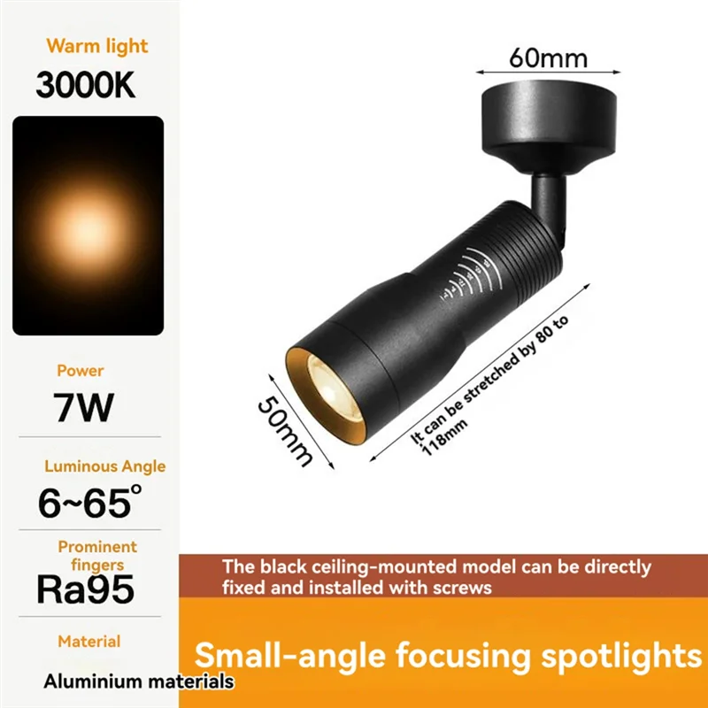 HLZS-Spotlight With Zoom Function 7W Ceiling Mounted Spotlight Adjustable 10°-60° Narrow Angle 3000K Light