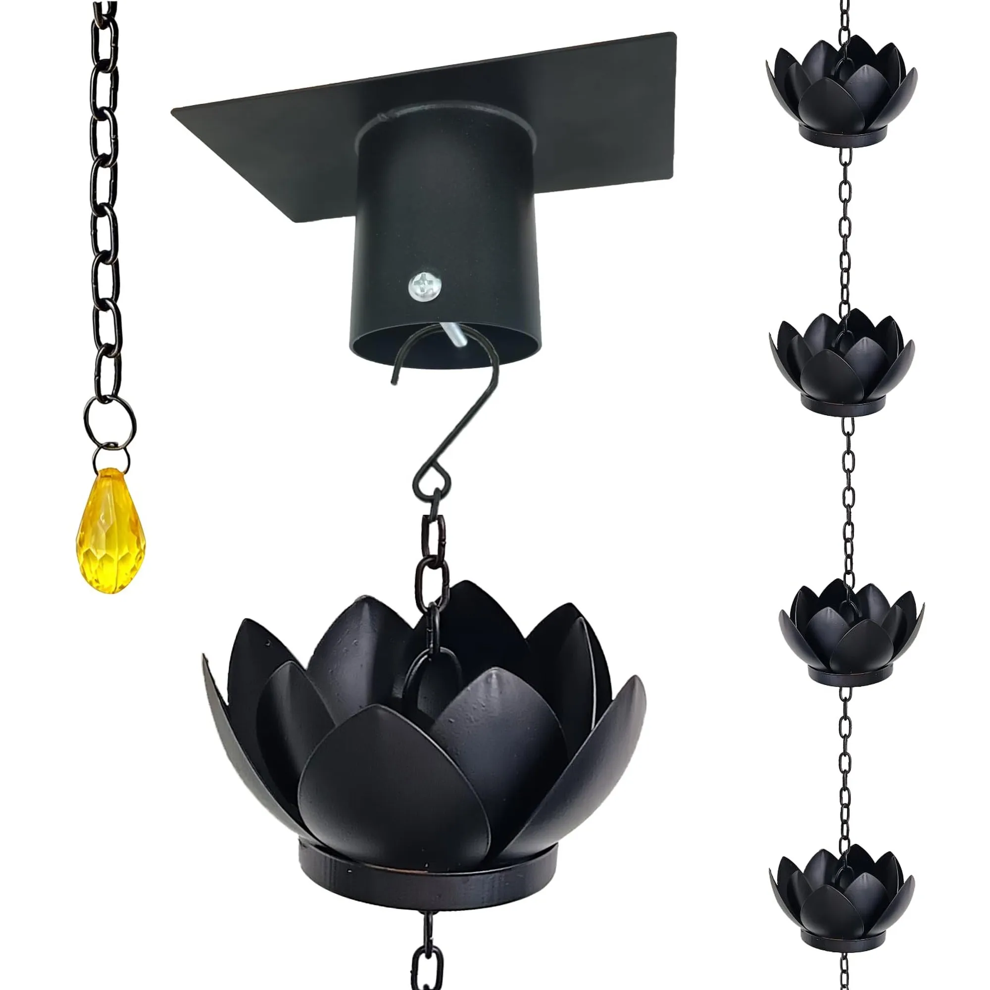 8.5 ft Dark Bronze Lotus Metal Rain Chain with Gutter Adapter, Rust Resistant Rain Catcher for Heavy Rain, Gutter Drainage Replacement & Indoor Outdoor Decor