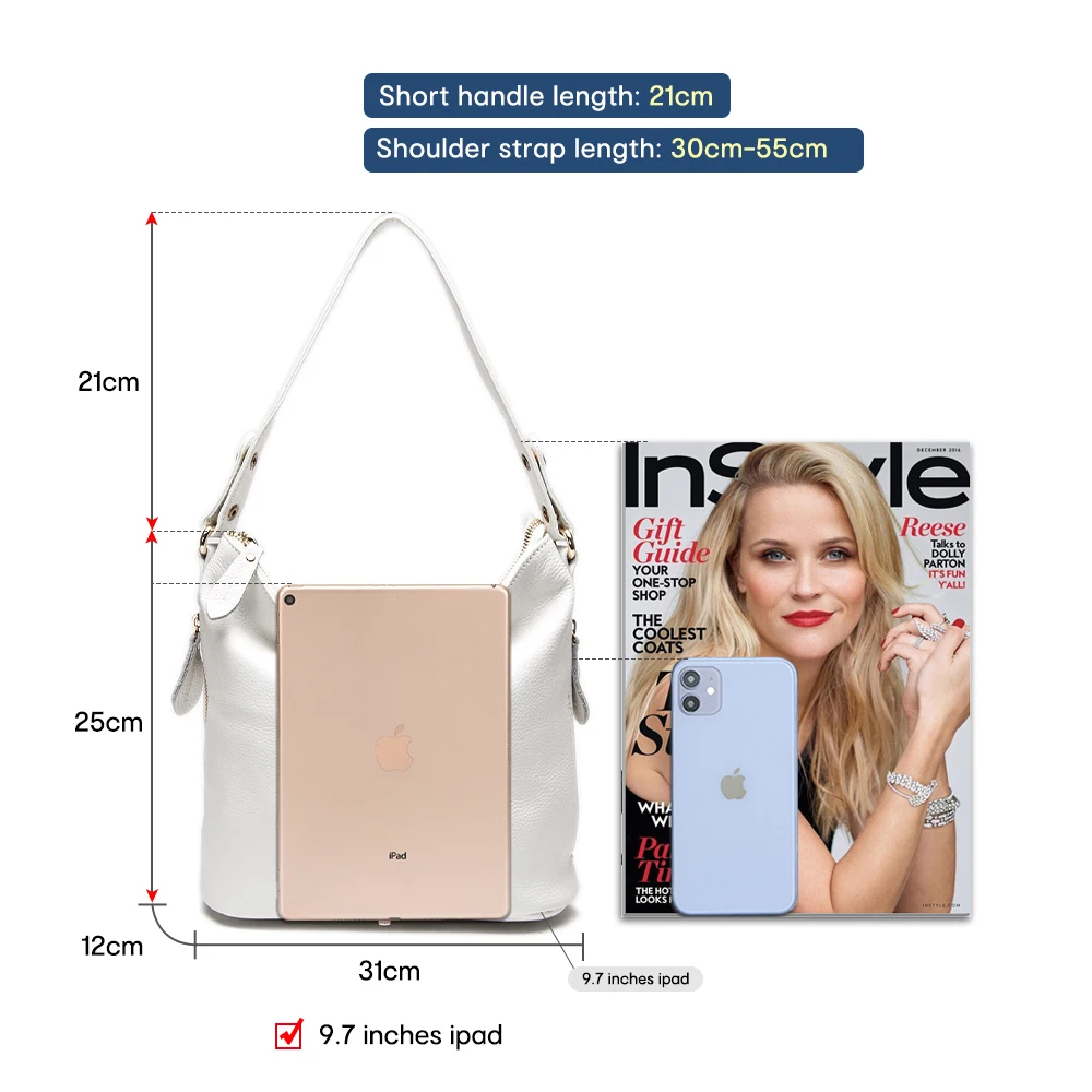 Zency Elegant Women Shoulder Bag 100% Genuine Leather White Hobos Handbag Lady Messenger Purse Charm Lock Decoration