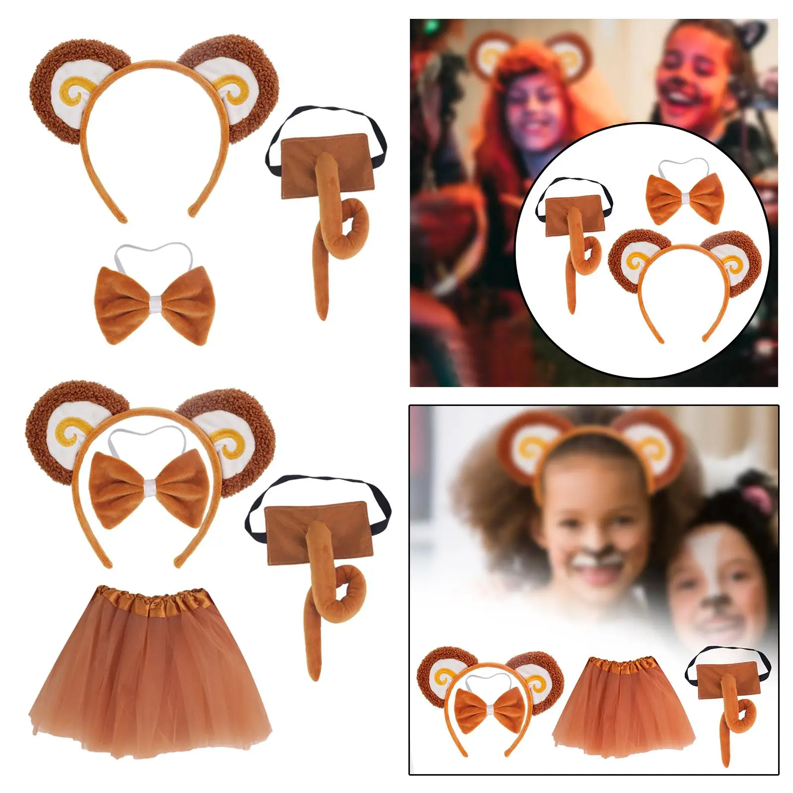 Orelhas de macaco e cauda para o baile de máscaras, acessórios, cauda longa, gravata borboleta, vestido tutu, linda bandana