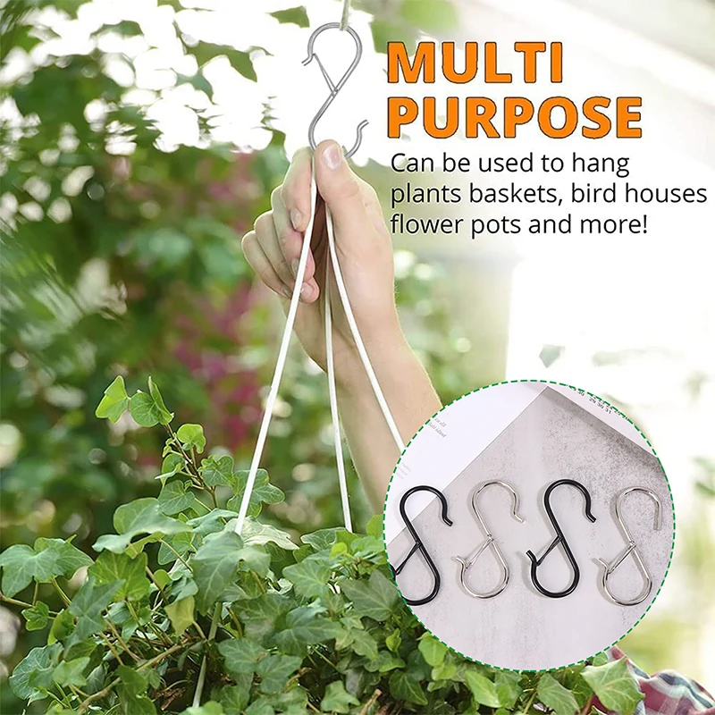 2Pcs Heavy Duty Metal S Shaped Hanger Hooks With Safety Buckle For Hanging Plants Kitchen Utensil Clothes Pot Towels Closet Rod