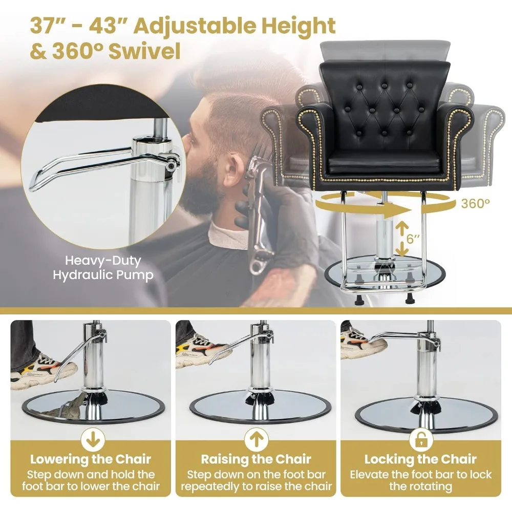 كرسي حلاق هيدروليكي أنيق عالي التحمل مع تعديل الارتفاع، 360 درجة ° جلد دوار وPVC لتصفيف الشعر بتصميم ريترو #6