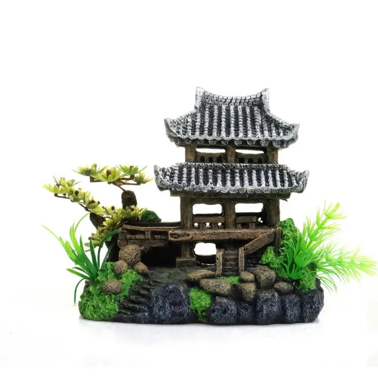 Resin Chinese 3D Printing Ancient Architectural Model Fish Shrimps Shelter House Layout Props For Fish Tank Aquarium Decoration