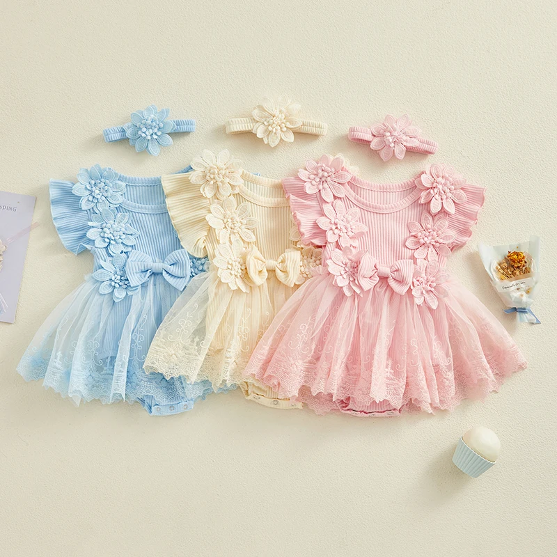 VISgogo Newborn Baby Girl Romper Dress 2 Pcs Outfits Mesh Lace Patchwork Ruffle Bodysuit and Headband Cute Summer Clothes