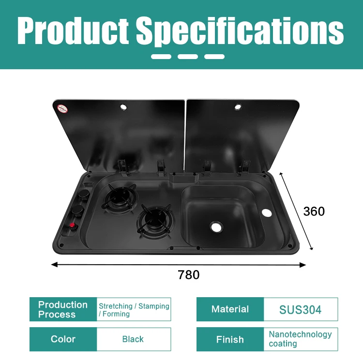JDA Black Premium 304 Stainless Steel RV Cooktop-Sink Combos RV Sink And Stove For Caravan Boat Yacht Camper Marine Trailer
