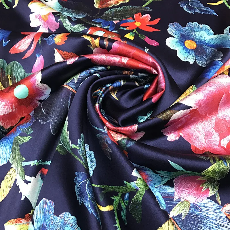 

High Quality New 40momme Silk Dark Blue Sole Inkjet Imitation Embroidery Flower Thickened Silkworm Satin Cheongsam Cloth