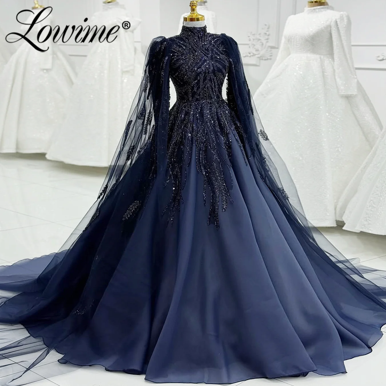 

Элегантные темно-синие мусульманские вечерние платья в арабском стиле в Дубае, вечернее платье трапециевидной формы с аппликацией для выпускного вечера, вечерние платья по индивидуальному заказу для свадеб 2026