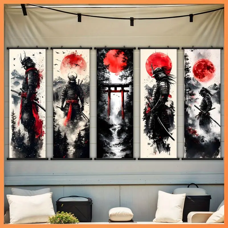 VIKAMA Samurai Armor Hanging Scroll Set Mountain Snow Peak Warrior Poster Vertical Wall Art for Living Bedroom Man Cave Decor