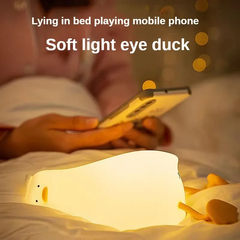 1-4PCS Lay Flat Duck Night Light 3 Level Dimmable Nursery Night Light Cute Silicone Duck Lamp Rechargeable Bedside Touch Lights