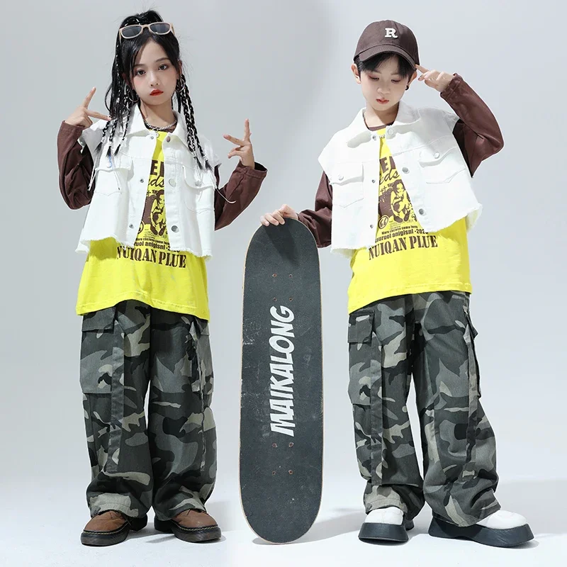 Vintage Print Shirt Kaki Cargo Broek Kids Streetdance Jas Kleding Sets Tiener Jazz Kostuums Kinderen Meisjes Hiphop Kleding