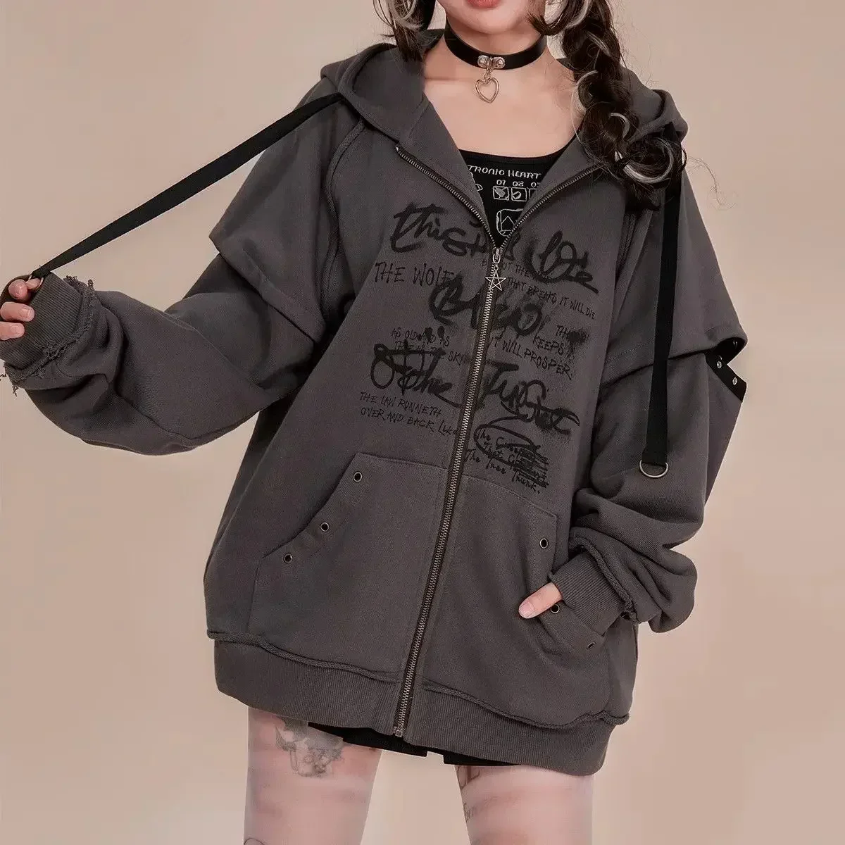 Punk Gothic Girls Cat Ears Hooded Plush Sweater Women Autumn Winter Graffiti Printed Loose Fleece Coat Hoodie Sweatshirt Jacket
