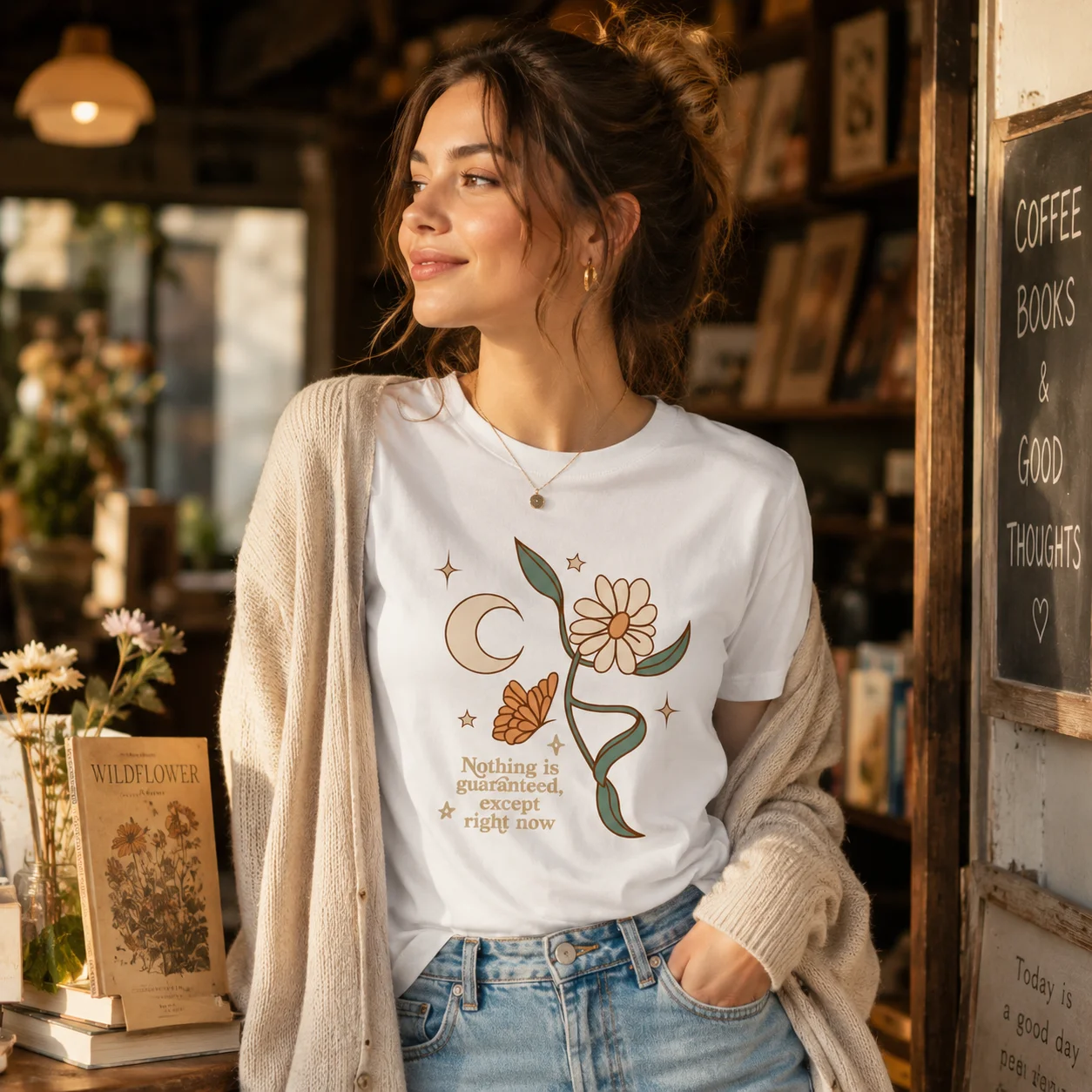 100% Pure Cotton Women's Retro Bohemian Moon Flower Butterfly Graphic T-Shirt Inspirational Quote Casual Short Sleeved Top