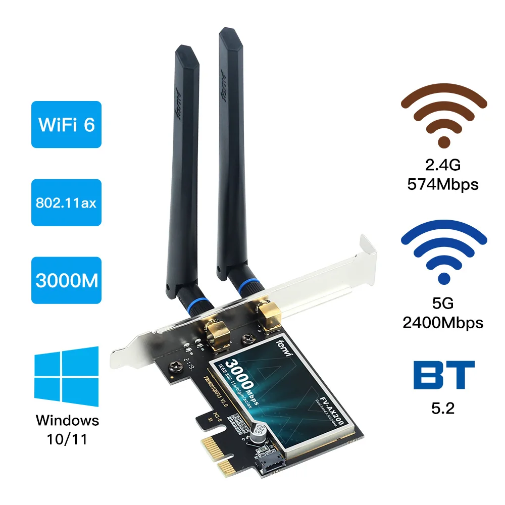 

3000Mbps Wifi 6 AX200 Pcie Wireless Adapter Intel AX200NGW Network Card Bluetooth 5.2 Dual Band 2.4G/5G Wifi6 802.11AX For PC