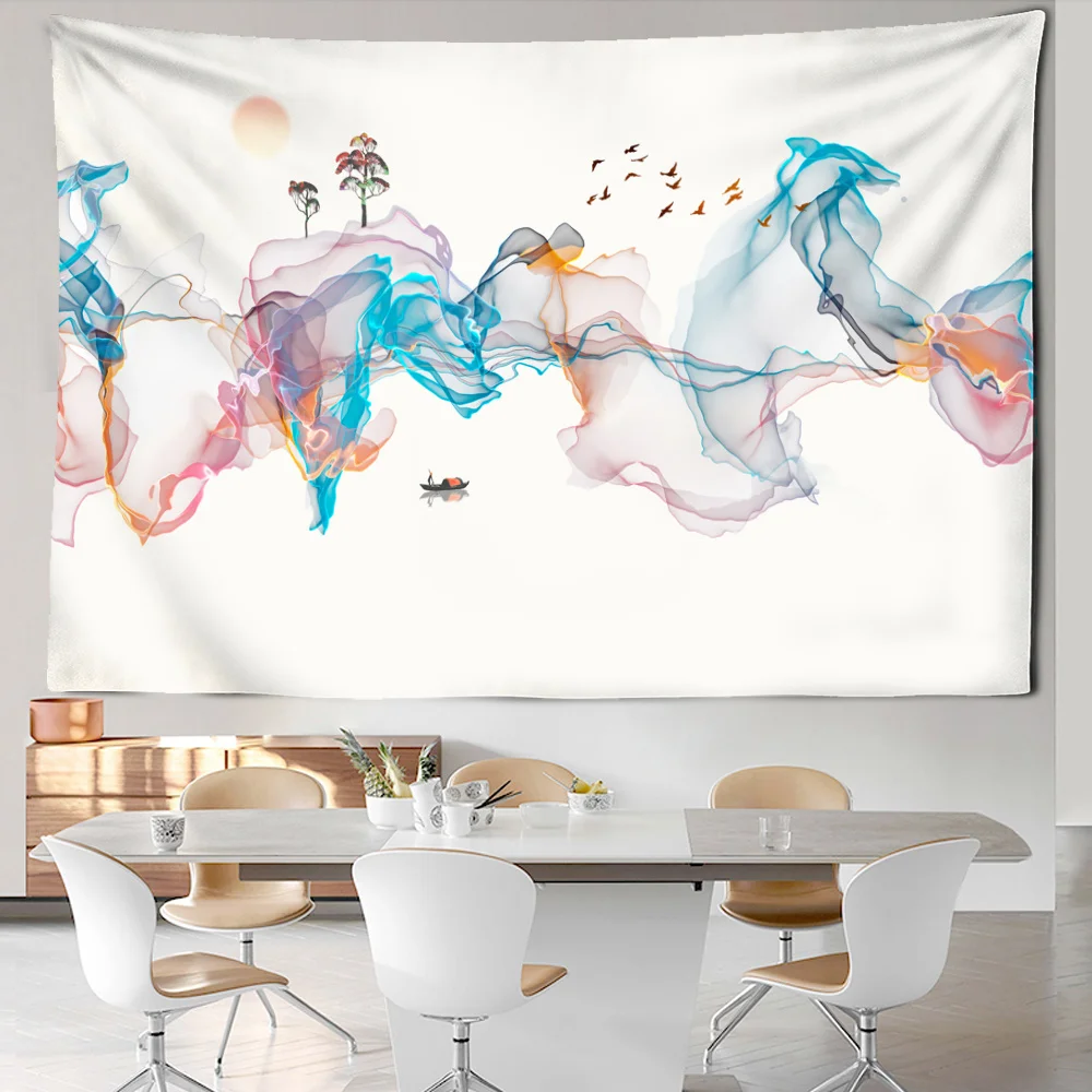 Ink Painting Tapestry Wall Hanging Mountain Lake Landscape Pattern Tapestry Office Bedroom Home Dormitory Artist Residence Decor