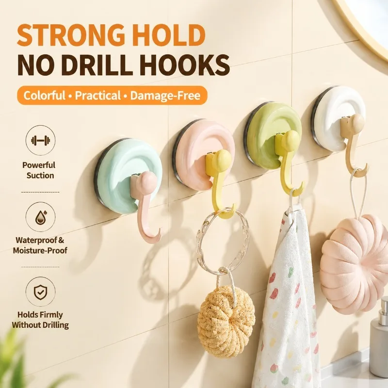 Macaron‑Toned Candy‑Hued Suction‑Cup Hook Drill‑Free Heavy‑Load Bearing Trace‑Less Wall Hanger Bathroom Kitchen Tidying Fixture