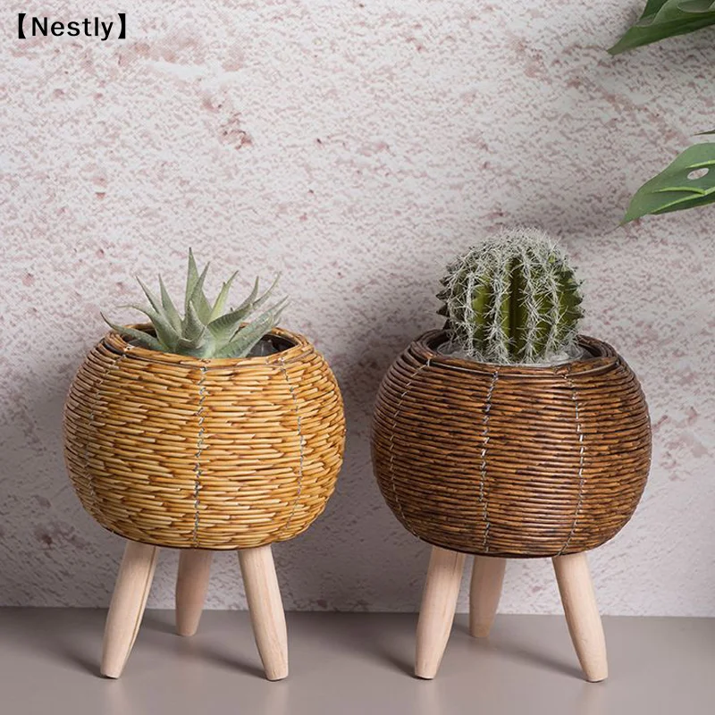 Imitiertes Rattan-Geflecht-Blumenregal, handgefertigter Aufbewahrungskorb mit abnehmbaren Holzbeinen, Pflanztopfhalter〔Nest〕 – Detail 4