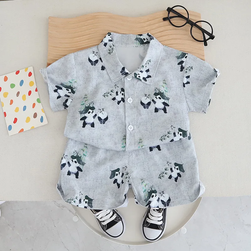 

Western Baby Boys Boutique Clothing 2024 Summer New Panda Printed Turn-down Collar Short Sleeve Shirts and Shorts Boy Outfit Set