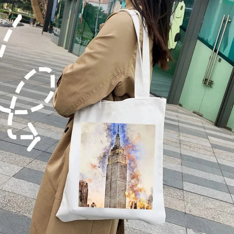 New York Paris London Pizza Shoulder Bag Rome Athens Painting Watercolor Women\'s Canvas Handbag Tote Environmental Shopping Bag