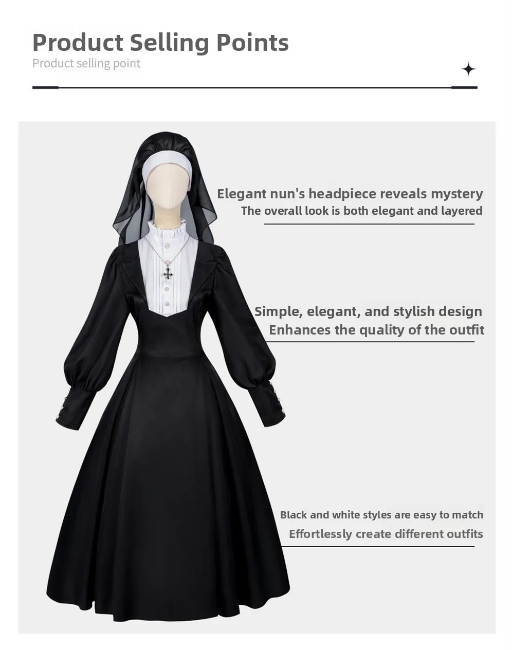 Damen Krankenschwester Nonne Kostüm mit Puffärmeln und weißer Schürze, Gothic Halloween Horror Party Cosplay Event Kirchen-Thema Outfit – Detail 11