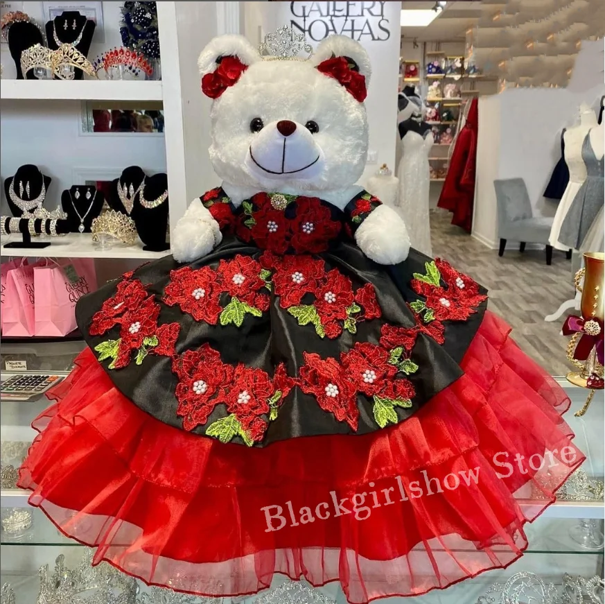 

Red Mini Quinceanera Teddy Bear Dress Luxury Mexican 3D Floral Embroidery Inlaid Sequins Custom Quinceanera Gowns