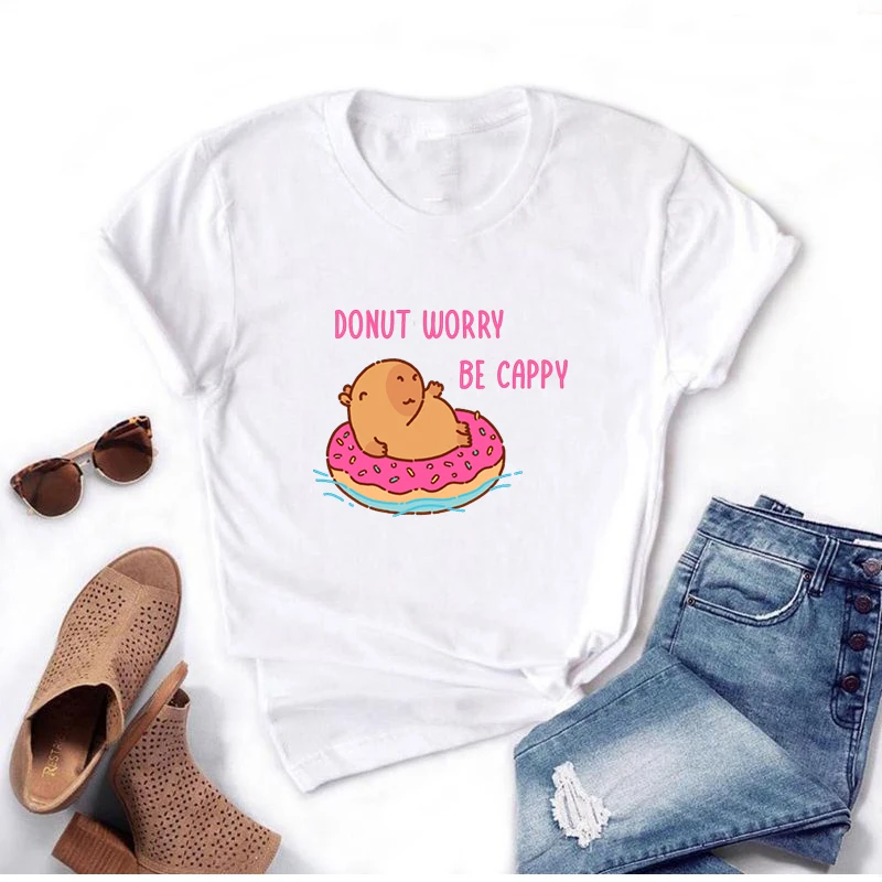 DONUT WORRY BE CAPPY Graphic T-shirt Summer O-neck Short Sleeve Unisex T Shirt Funny Cartoon Printed Casual Woman/Man Tees