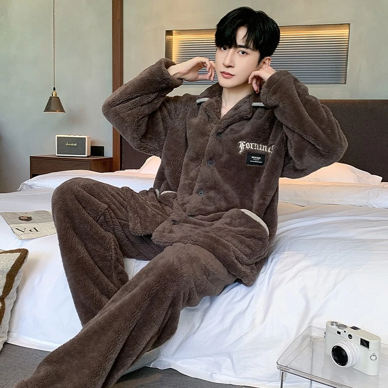 

Men's Winter Thickened Coral Fleece Open Cardigan Sleepwear Set Youth Home Comfortable Long Sleeve Long Pants Leisure Breathable