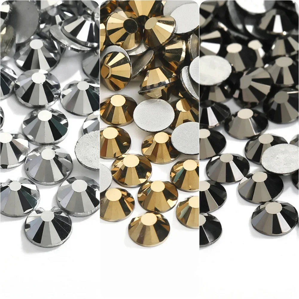 SWAGPICK 1440PCS Glass 3D Nail Art Decorations Hematite Gold Silver Charms Flatback Rhinestone Glue on Crystal Wedding Dress DIY