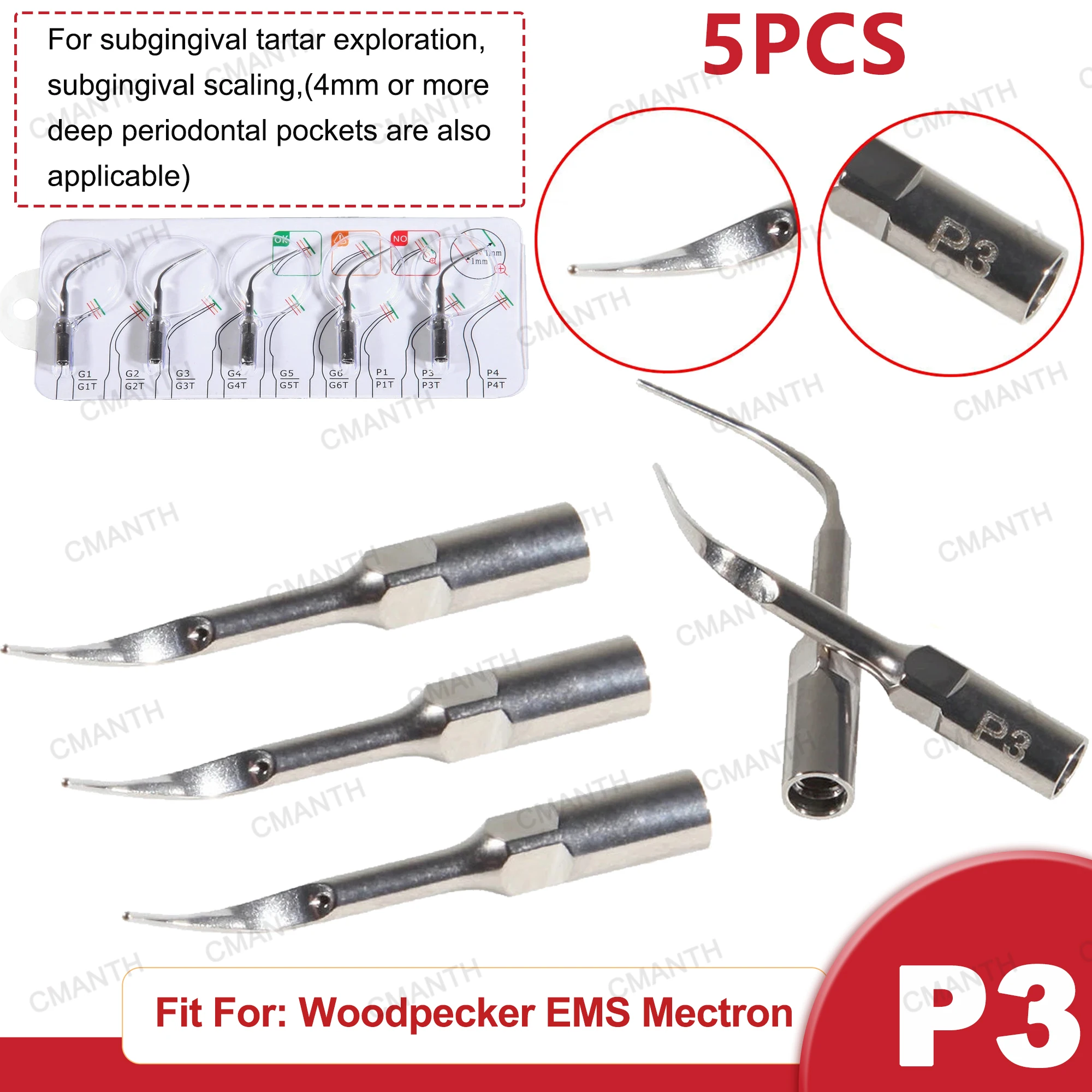 

P3 5pcs Dental Ultrasonic Scaler Tips Periodontal Tip Fit For WOODPECKER EMS Mectron Ultrasonic Scaler Handpiece