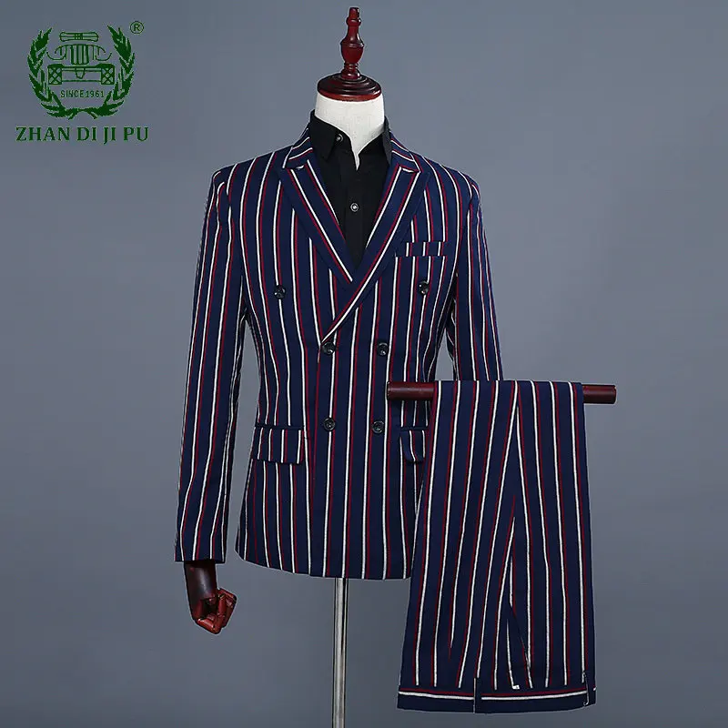 Vintage Men\'s Color Double Stripe Bridesman Dress Double Breasted Slim Fit Suit Sets Fashion Two Piece Suit+Pants Unisex Male