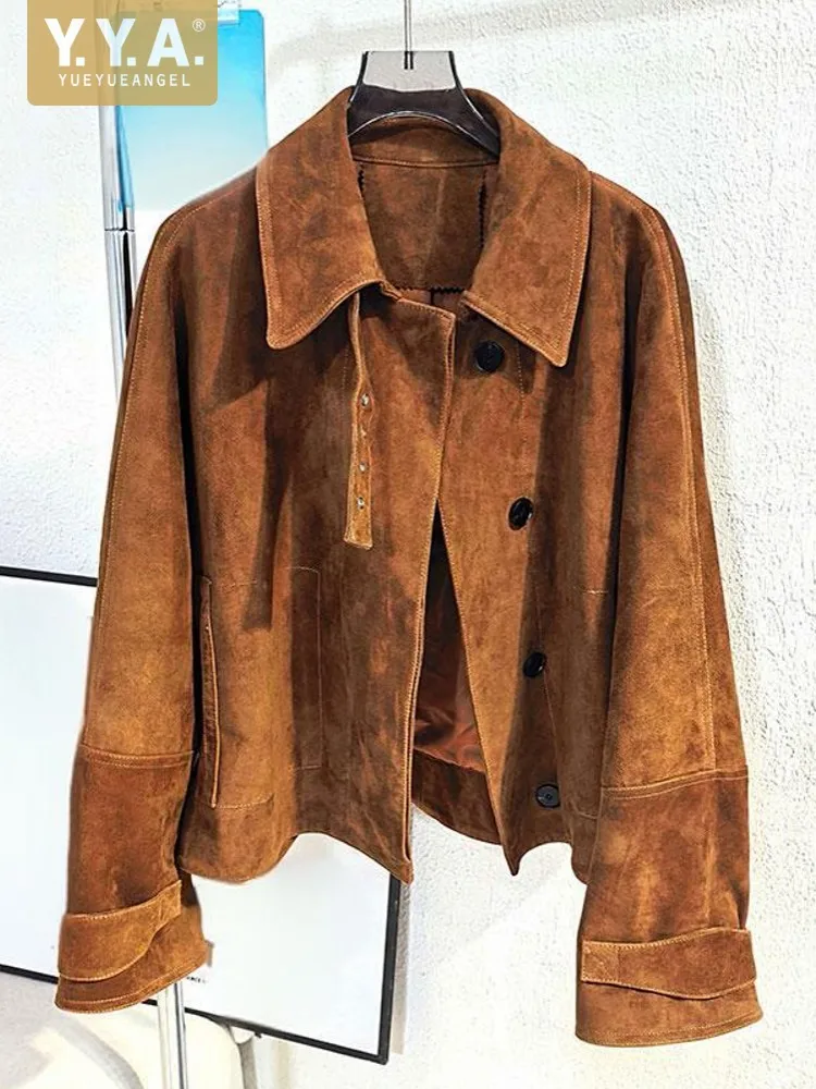 Fashion Women New Loose Suede Genuine Leather Jacket Turn Down Collar Single Breasted Sheepskin Short Design Female Coat Autumn