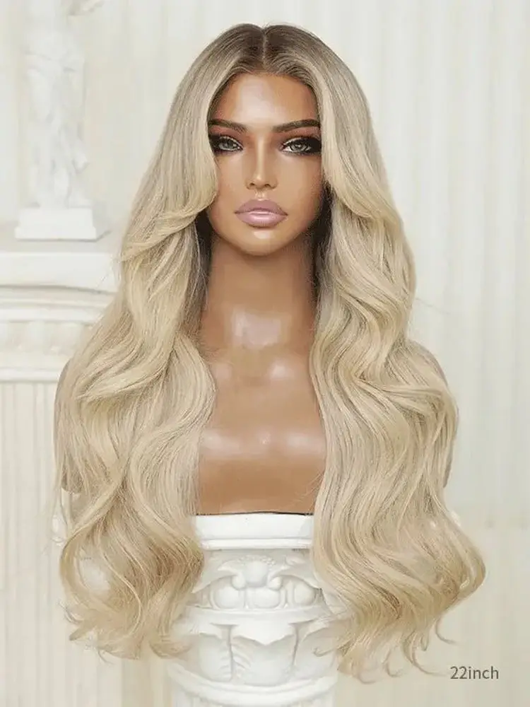 موضة الجسم موجة 13x4 أومبير أشقر فاتح الاصطناعية الدانتيل شعر مستعار أمامي حفلة تأثيري شعر مستعار يومي قبل قطعها شعري مع جذور داكنة #2