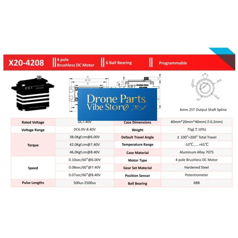Drone PartsKST X20-4208 High-Voltage High-Speed Large-Torque 46KG Aluminum Alloy 7075 Digital For Model Aircraft Fixed-Wing Serv